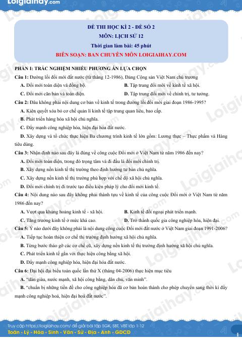 Đề thi học kì 2 Lịch sử 12 - Đề số 2